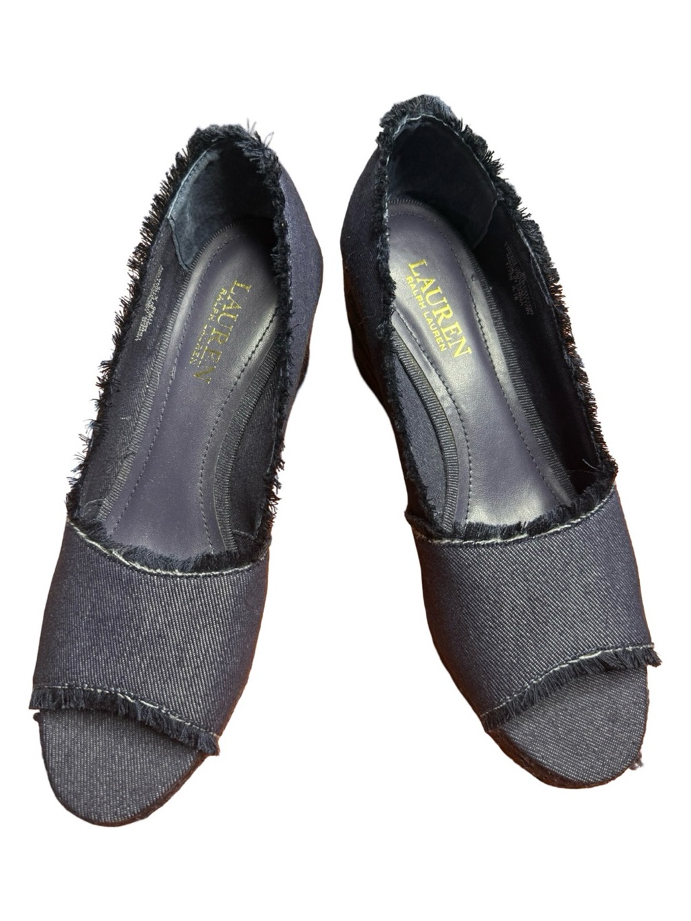 Ralph Lauren Black Frayed Canvas Slip-On Mules